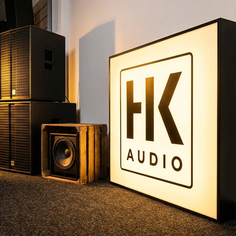 A lit sign with the logo 'HK Audio' next to large black speakers and a wooden speaker enclosure.