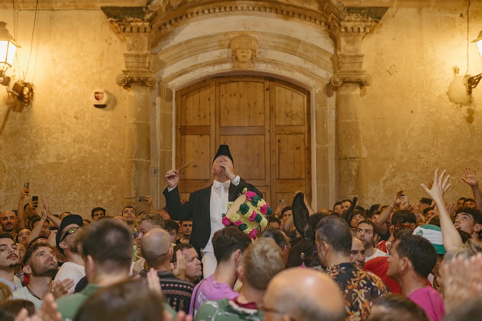 Traditional Fabioler on a donkey, performing with flute and drum during the closing of the Sant Joan procession in Ciutadella, Menorca