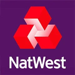 NatWest logo with a purple background and red hexagons forming a geometric pattern