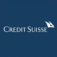 Credit Suisse logo with white text and a stylized sailboat icon on a blue background.