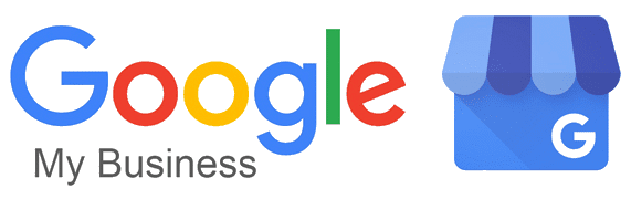 Google logo with the words "My Business" underneath and a blue storefront icon with a black "G" on it.