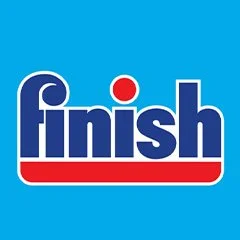 Finish logo with blue background, blue and red text