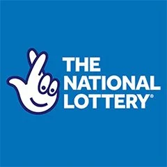 The National Lottery logo with a cartoon hand making a peace sign.