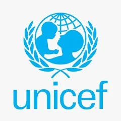 UNICEF logo featuring a girl and boy facing each other inside a globe, surrounded by olive branches.