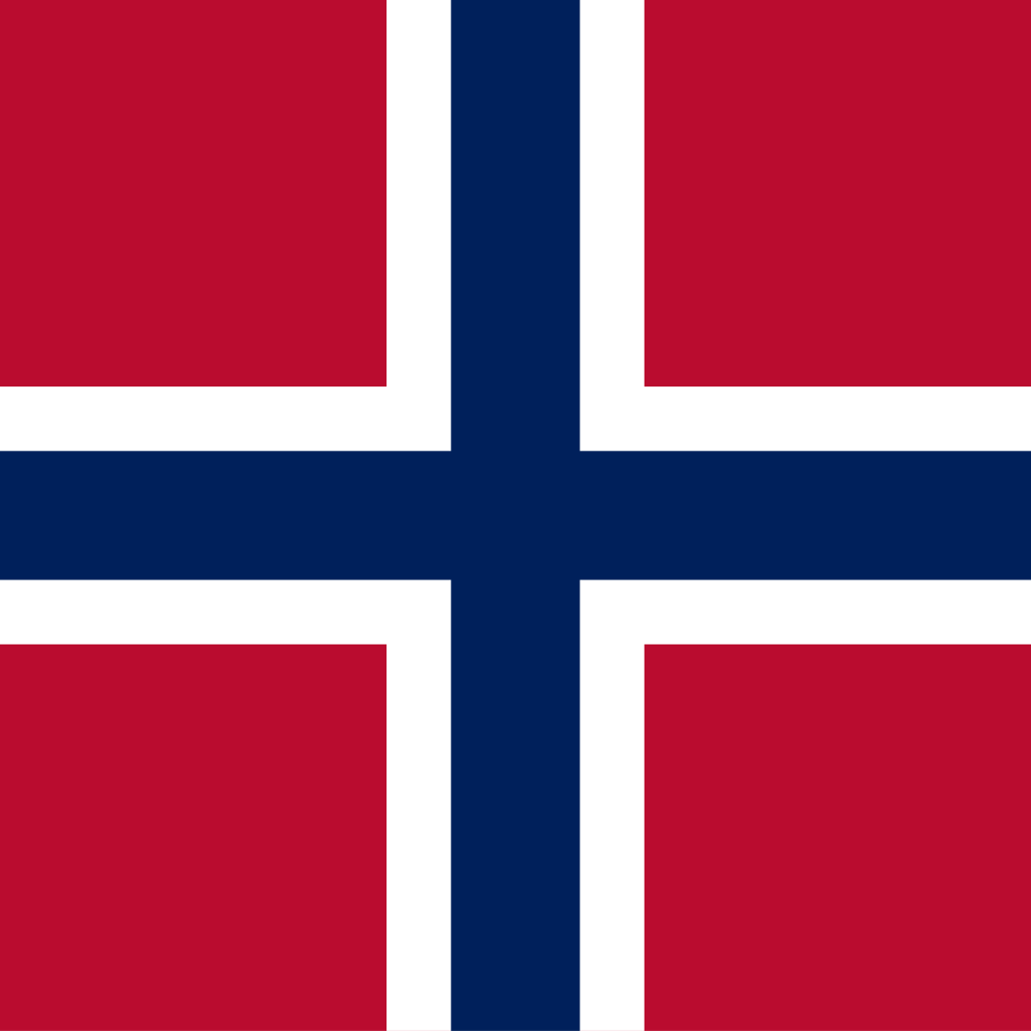 Norwegian flag with a red background, white borders, and a blue cross outlined in white.