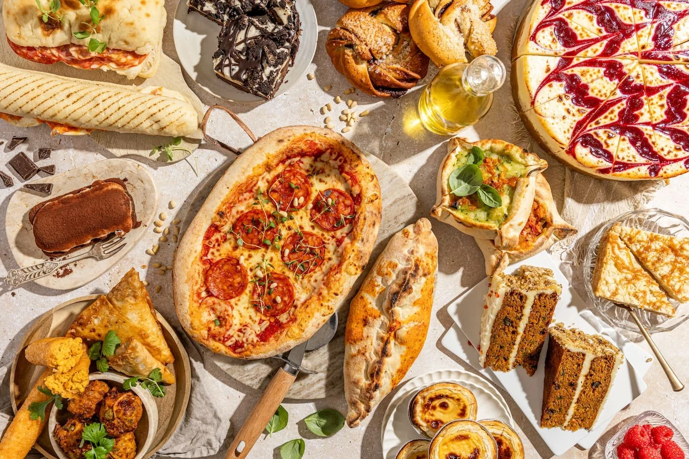A variety of dishes including pizza, desserts, and bread on a table