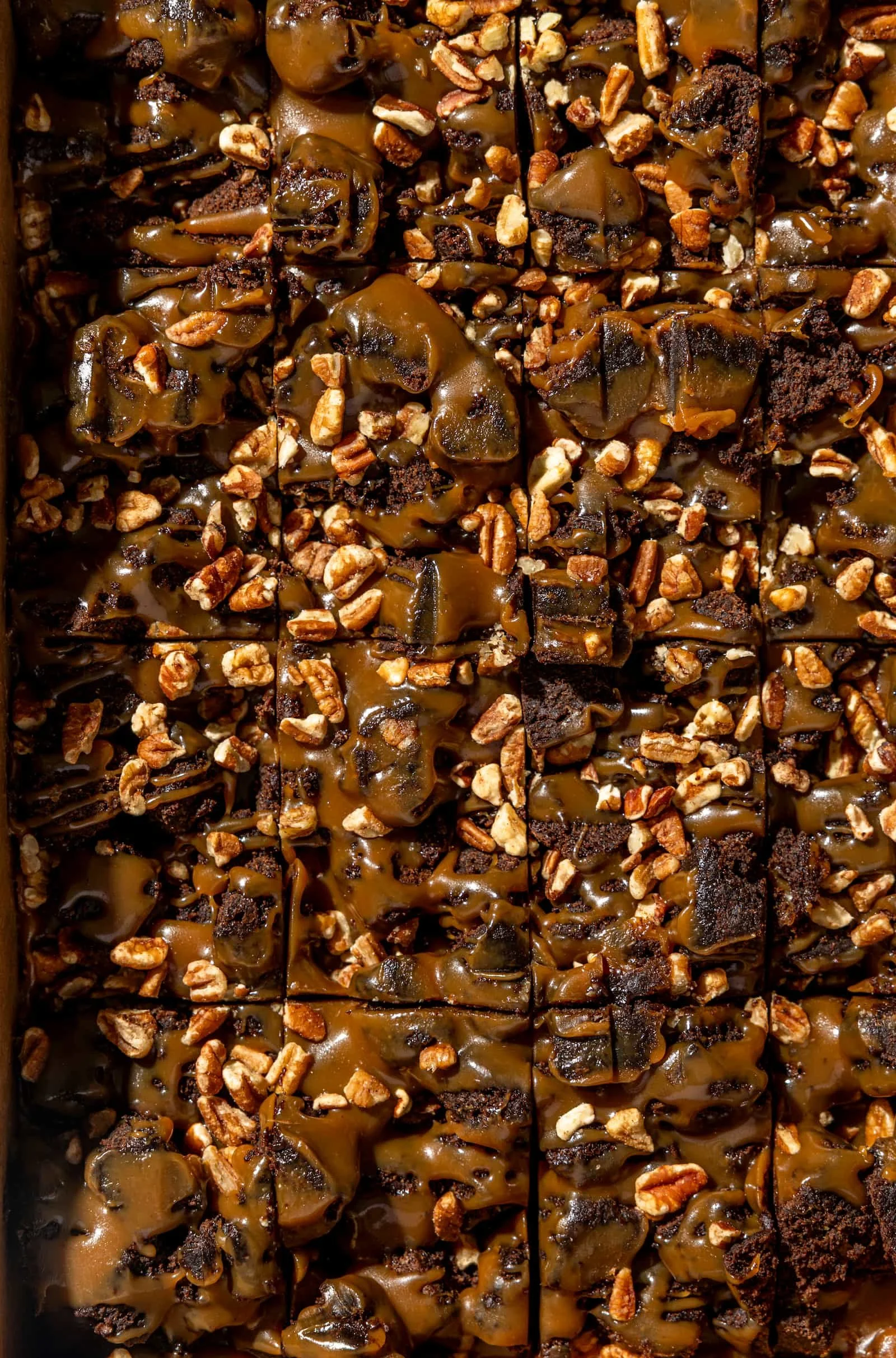Close-up of a tray of chocolate dessert topped with caramel and chopped nuts.