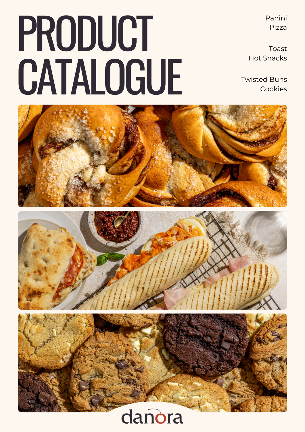 Product catalog cover featuring various baked goods including pizza, sandwiches, cookies, and cakes with the year 2026 and the company name "danora."