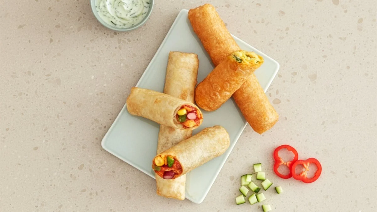 Plate of crispy taquitos, accompanied by small slices of cucumber, red bell peppers, and a bowl of dipping sauce.