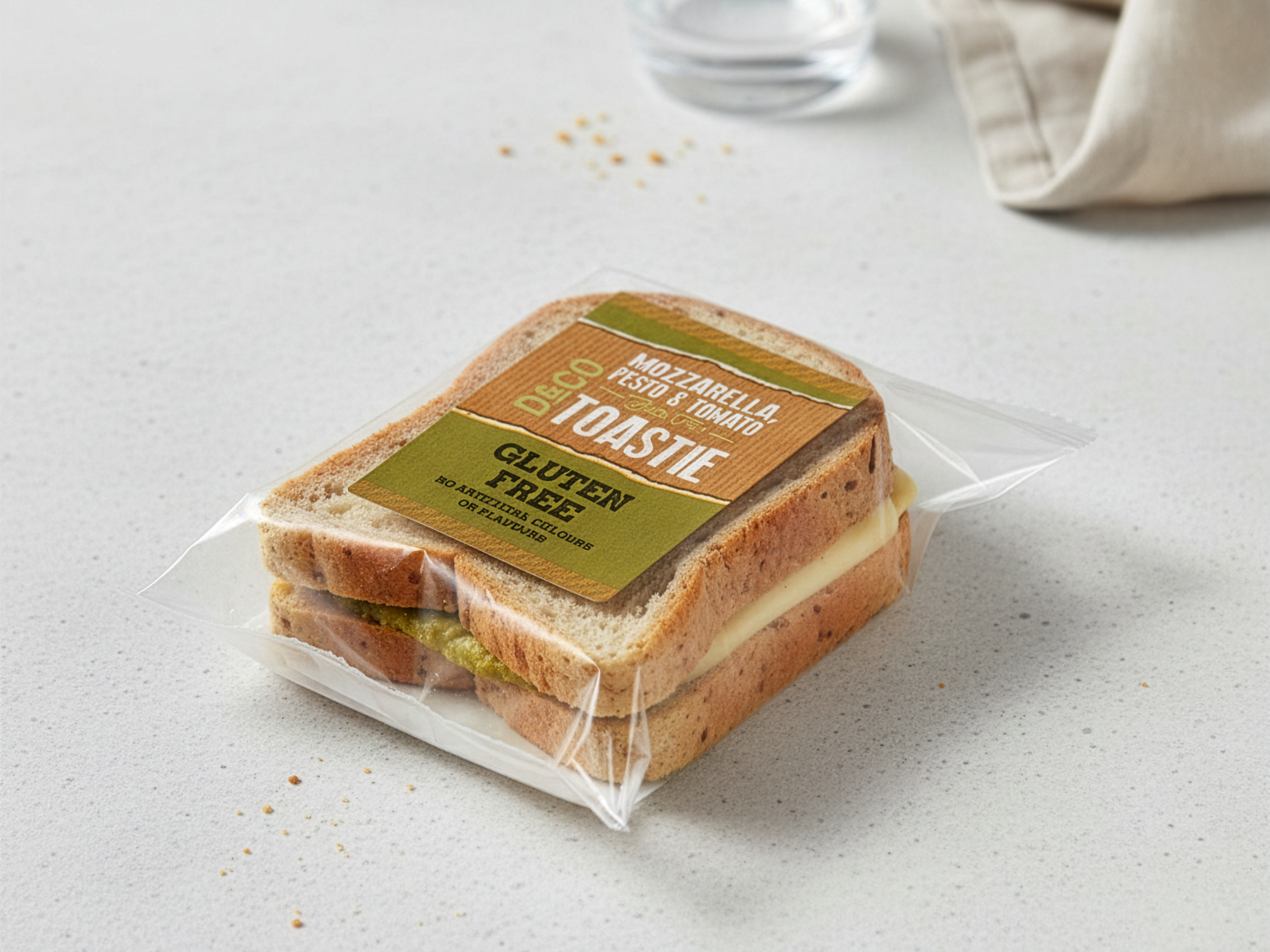 Pre-packaged gluten-free toasted sandwich with mozzarella, pesto, and tomato, wrapped in clear plastic on a white surface.