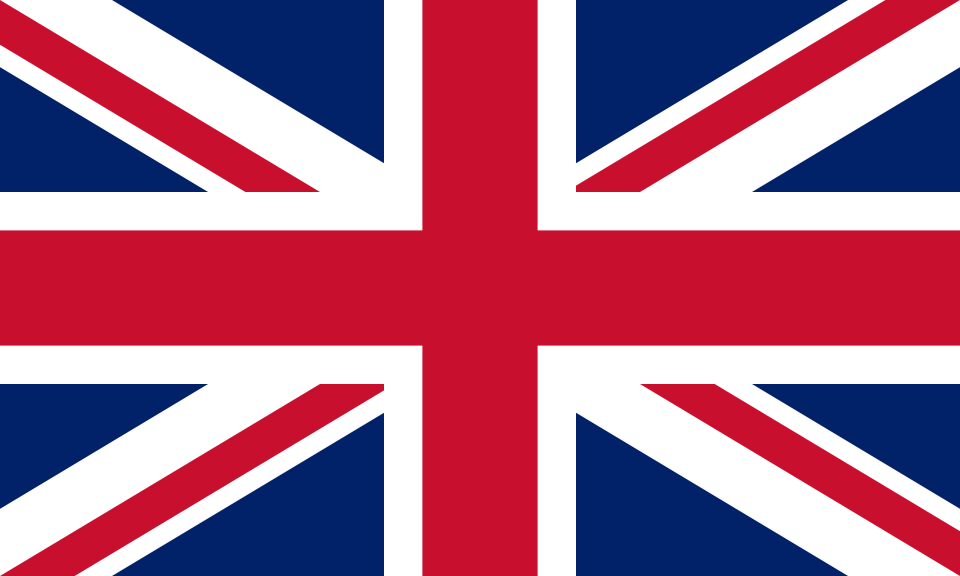 Flag of the United Kingdom with red, white, and blue colors and a Union Jack design.