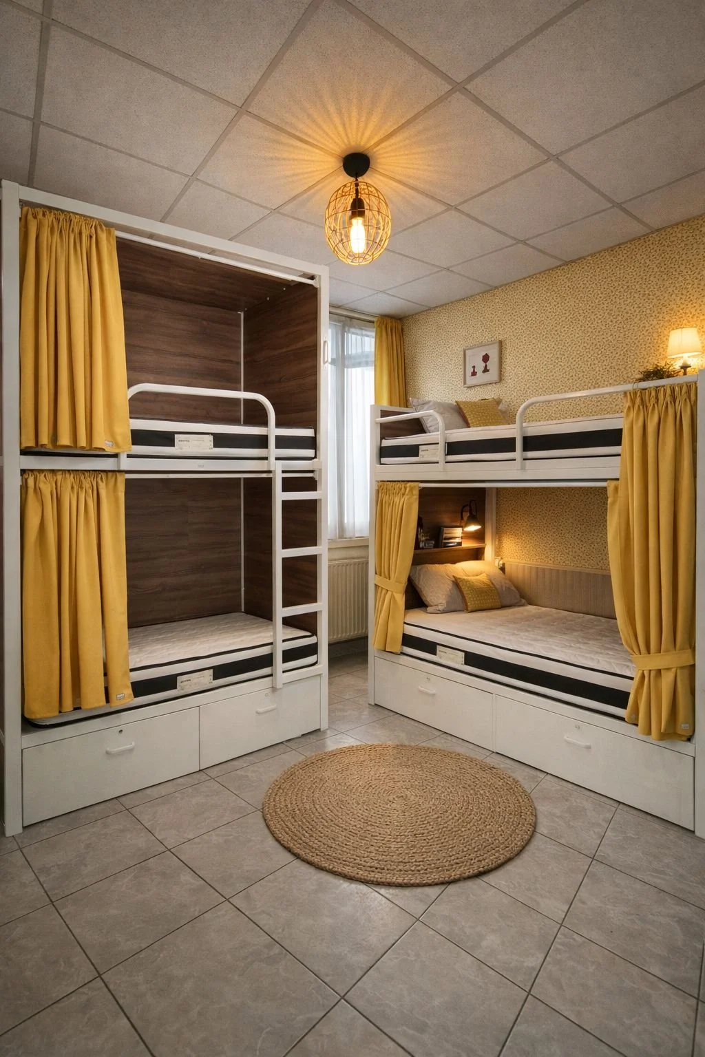 A cozy dormitory room with two sets of bunk beds featuring yellow curtains and bedding, a small round rug on tiled floor, warm lighting, and a window with yellow drapes.