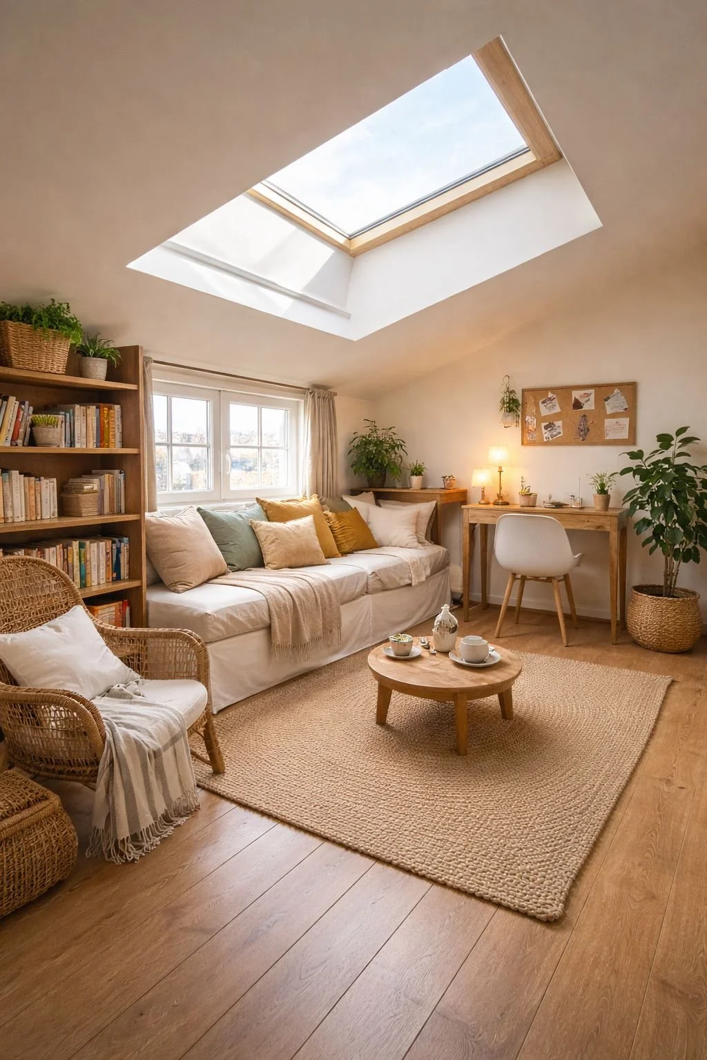 Bright living room with a skylight skylight, cozy beige sofa with multi-colored pillows, wooden bookshelf with books, rattan armchair, small round wooden coffee table with tea set, window with curtains, desk with lamp and plants, and various indoor plants in woven baskets.