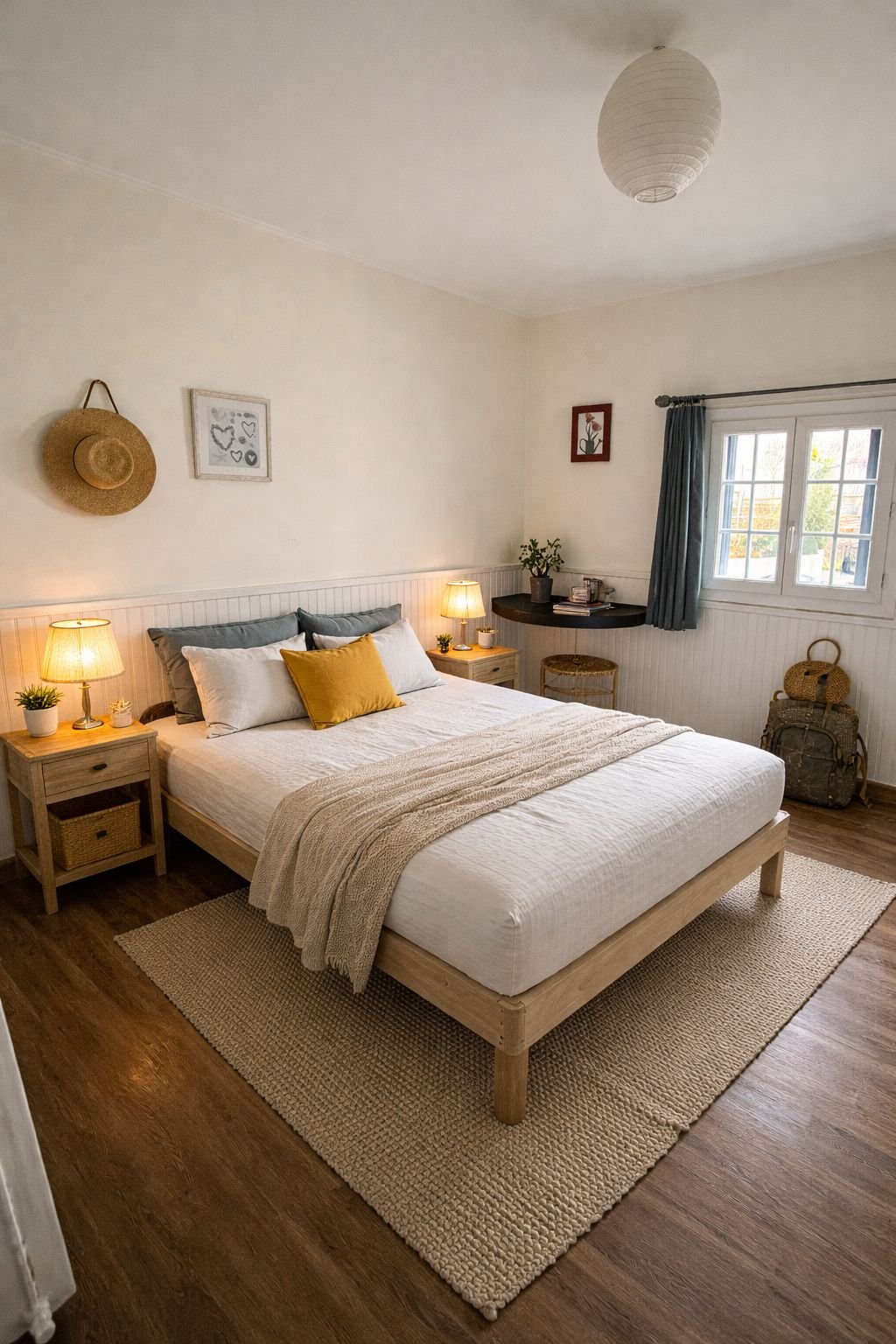 A cozy bedroom with a wooden bed frame, white bedding, and a beige throw blanket. There are two nightstands with lamps, a window with blue curtains, and wall decorations including a straw hat and framed art. A small desk with a potted plant is in the corner, and a rug covers part of the hardwood floor.