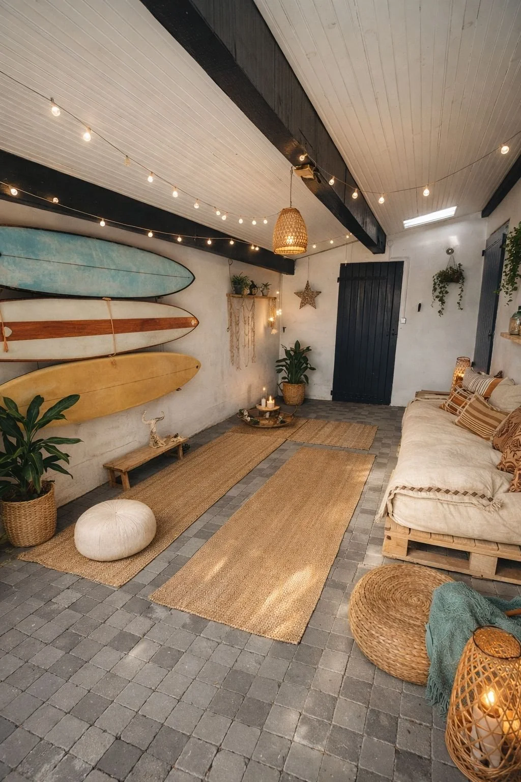 Cozy indoor space decorated with surfboards on the wall, string lights hanging from the ceiling, potted plants, woven rugs, a cream sofa with brown pillows, candles, and wicker decor, creating a beach-inspired, bohemian atmosphere.