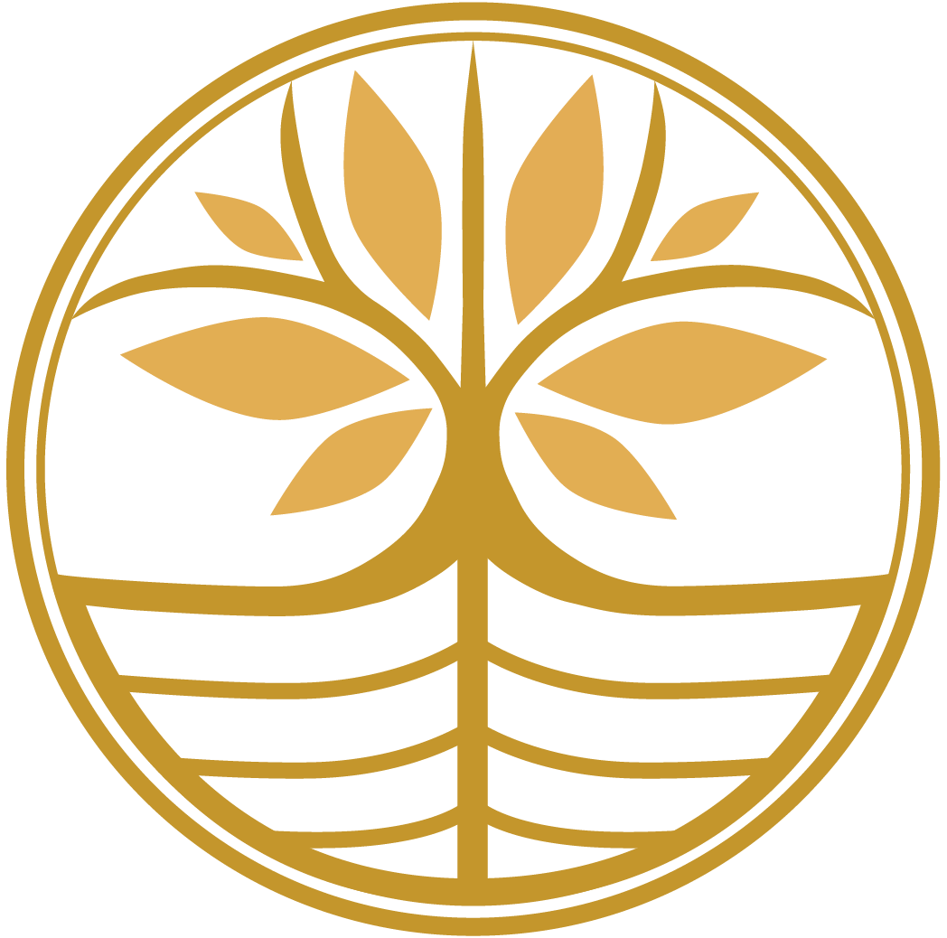 A circular logo in gold with a stylized tree design, including branches, leaves, and roots, on a black background.