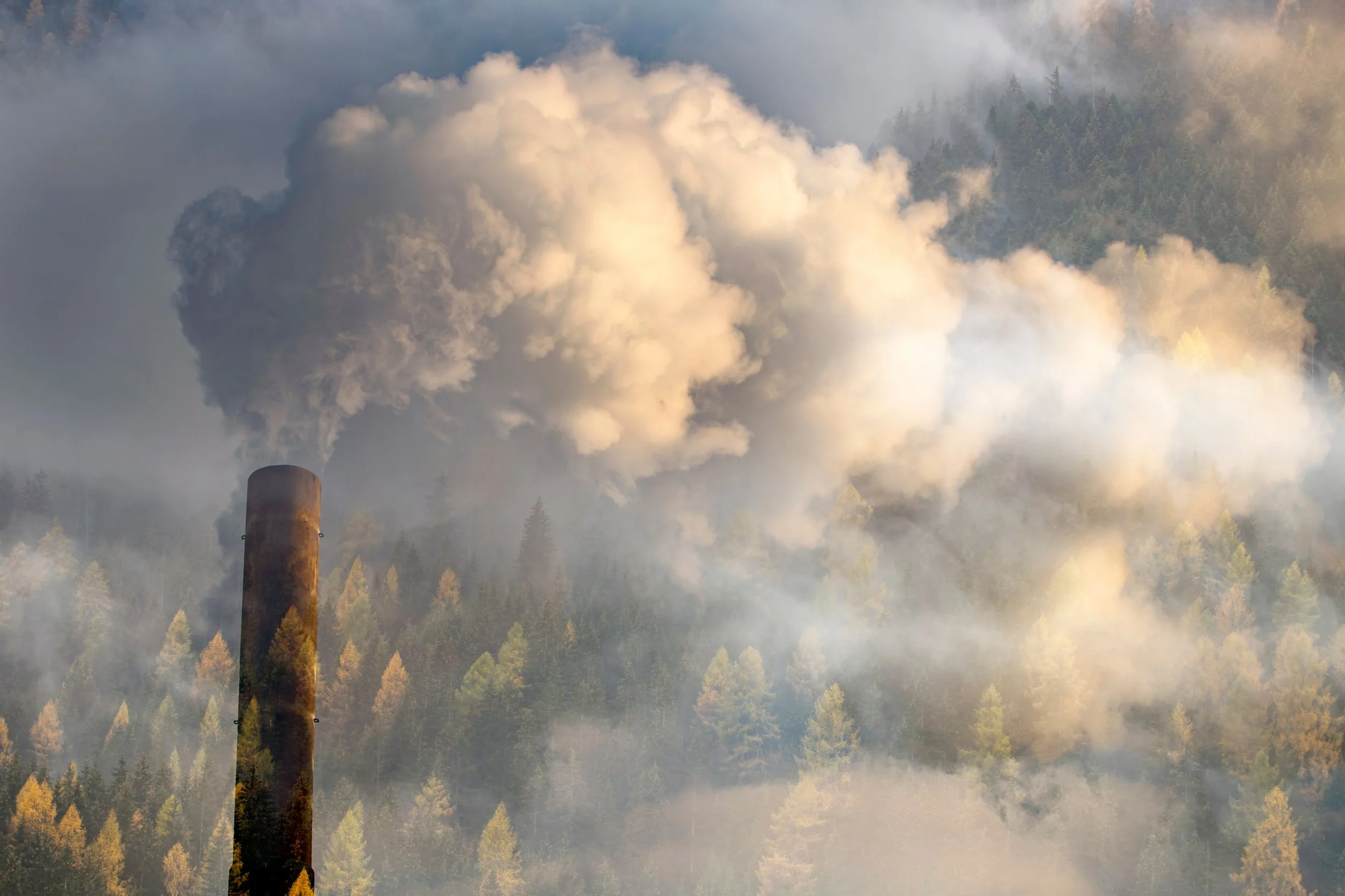 A smokestack emitting thick smoke or steam into the sky, with a forested hillside in the background.