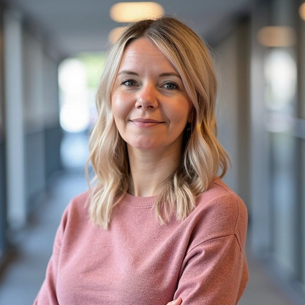 A woman with blonde, wavy hair smiling in a hallway with blurred background lighting.