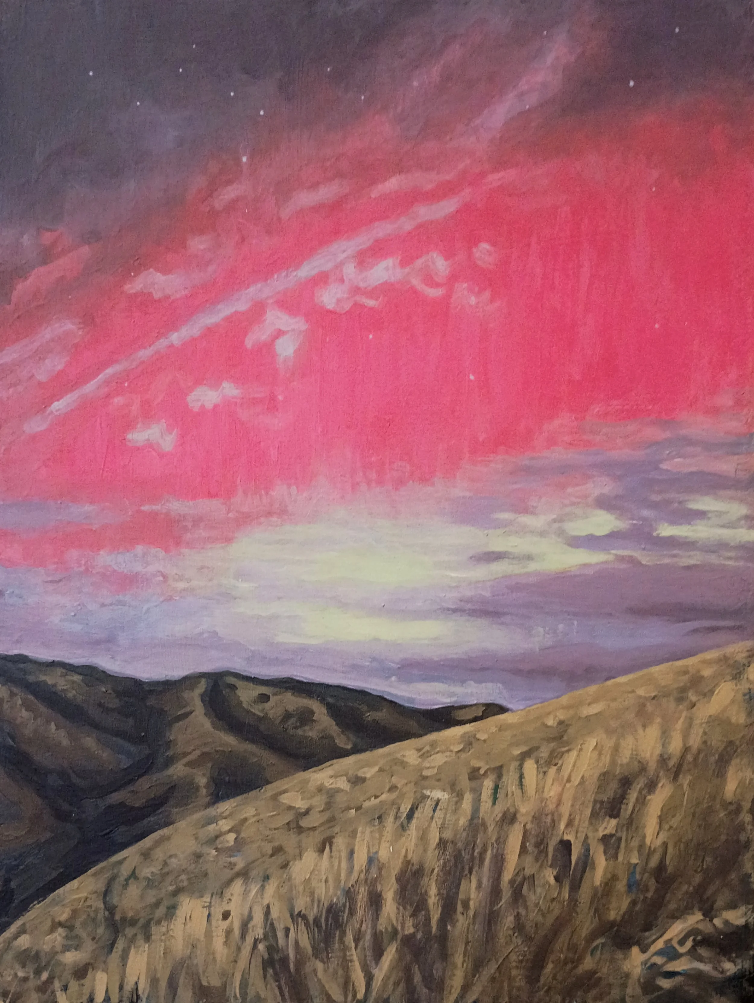 "Aurora Borealis over City Creek Canyon"
2026, Bio-acrylic and acrylic on panel, 14X11".