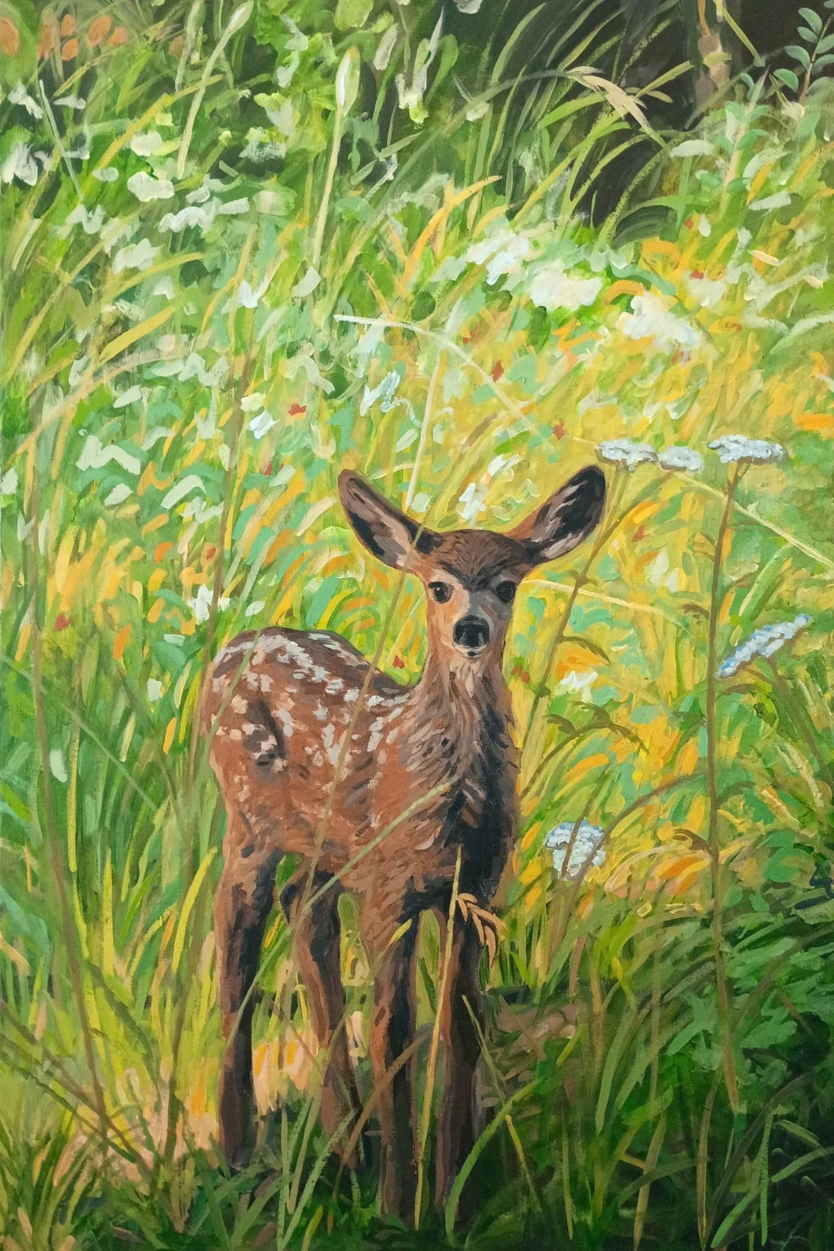 "Fawn" 
36X24", Natural/bio-based acrylic and acrylic on canvas.
This is my first painting made primarily using natural/bio-based acrylic paints.
The reference image was from a photo I took in the east side of the Cascade Mountains in Washington Stat