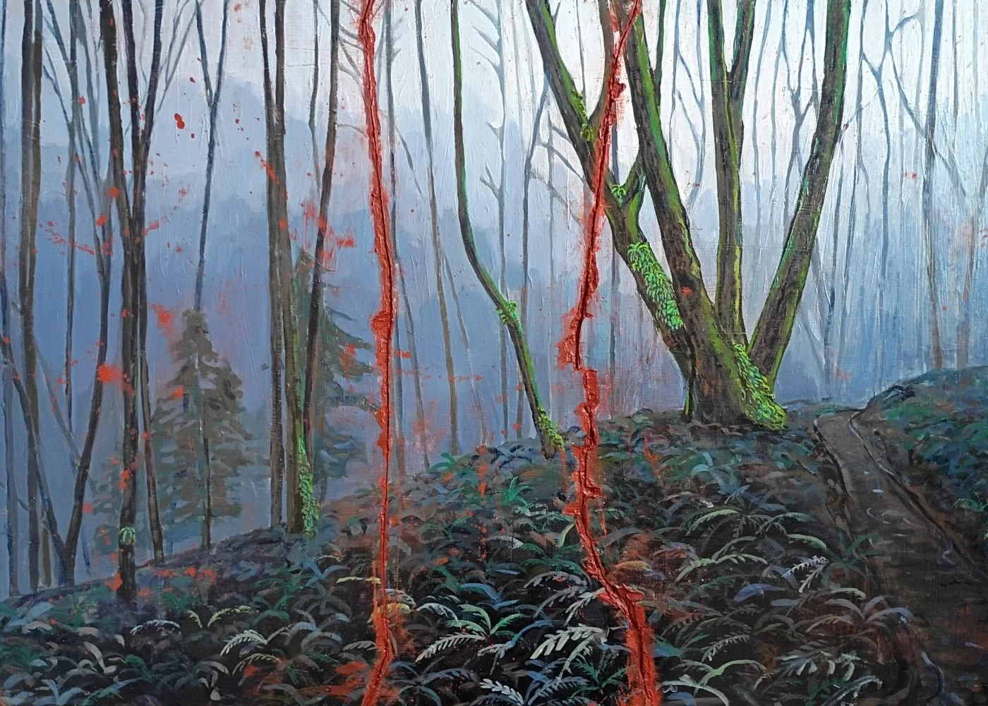 "Destination Unclear" 
2021, Acrylic on Panel.
Reference photo of Forest Park used with permission from John Holloran.
Begun 2020, Disassembled 2021 and reassembled with red paint.