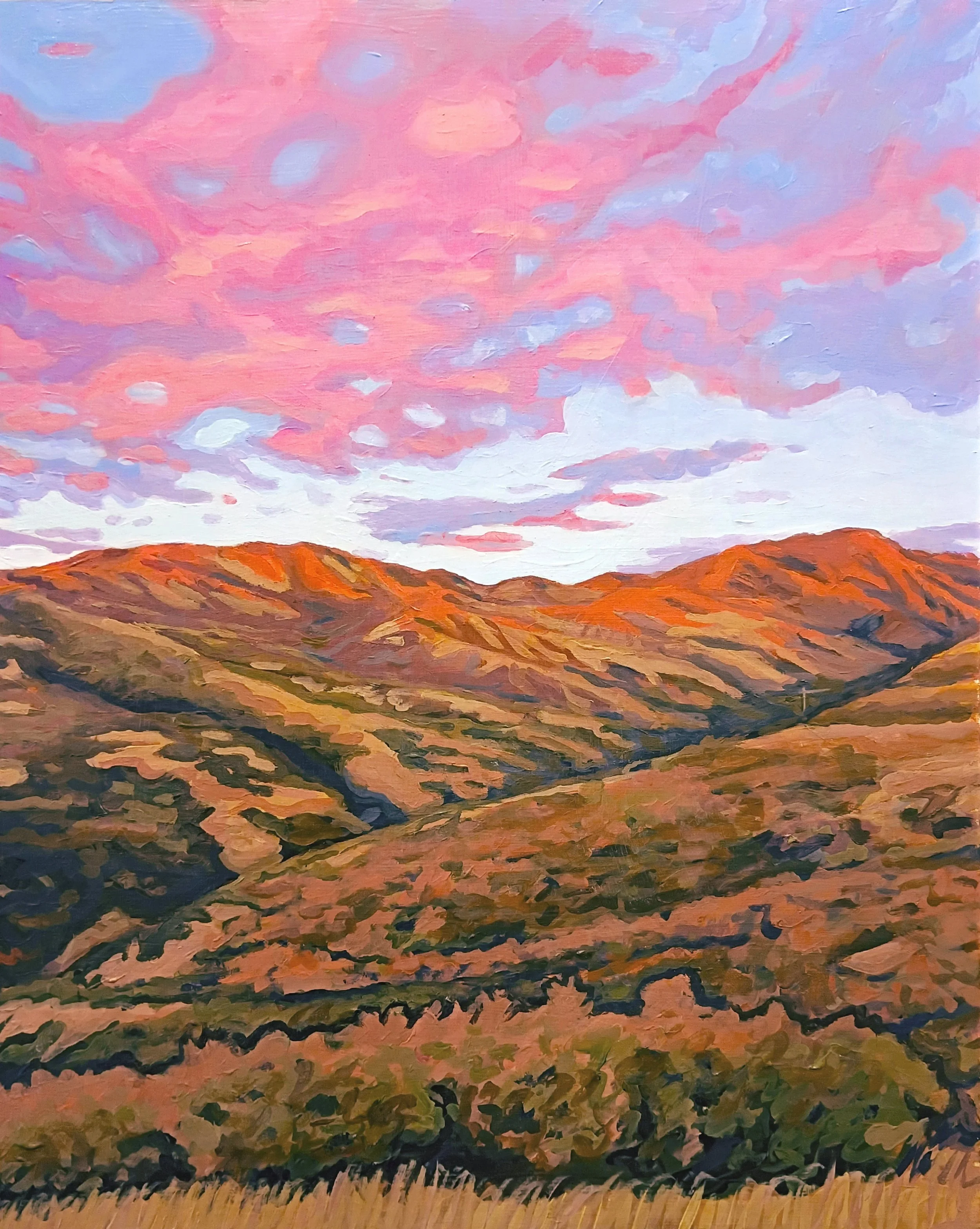 "City Creek Sunset III" (SOLD)
2025, Acrylic on panel 20X16".
A view looking up City Creek Canyon at sunset.
