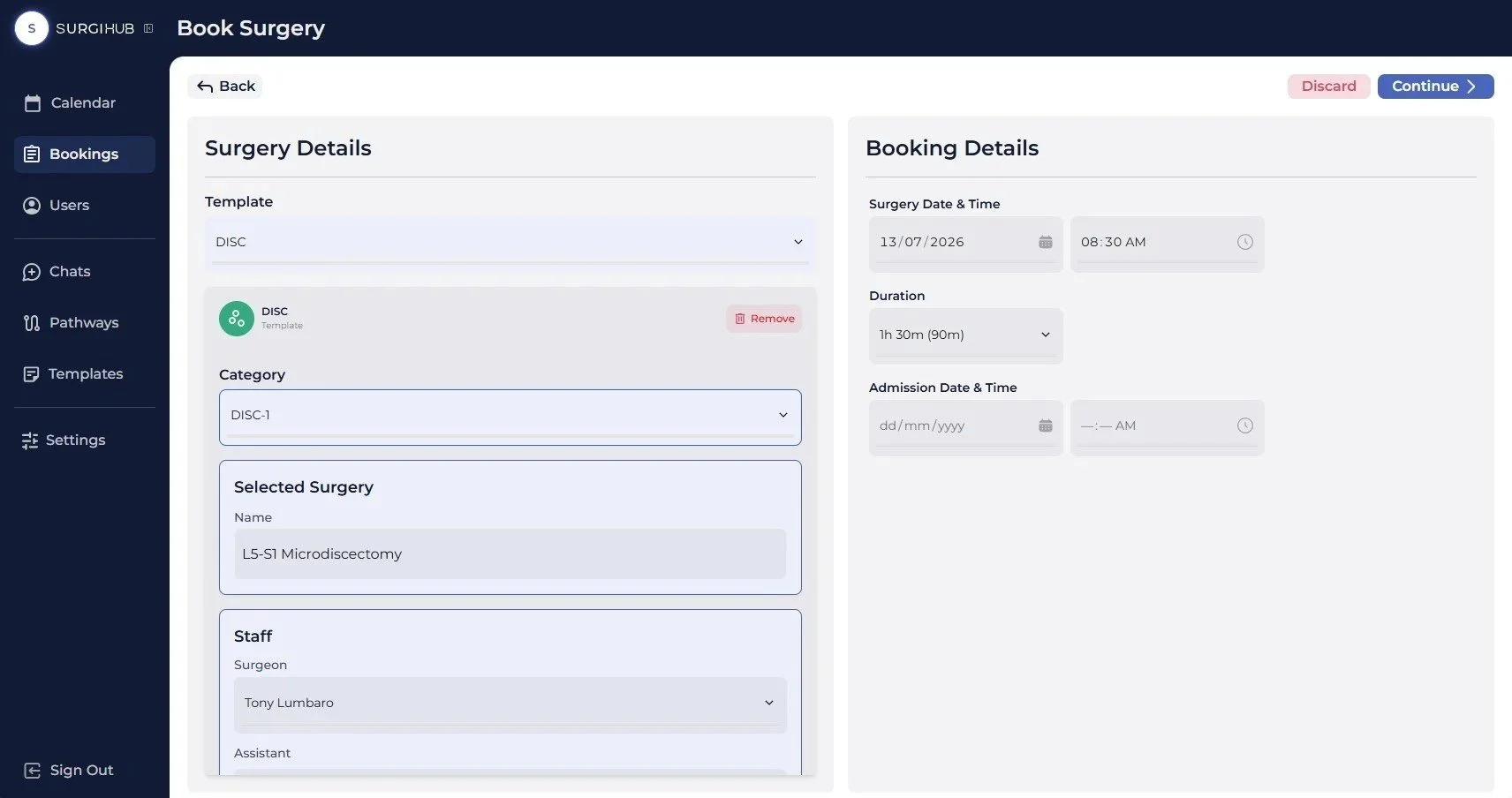 Booking template on desktop