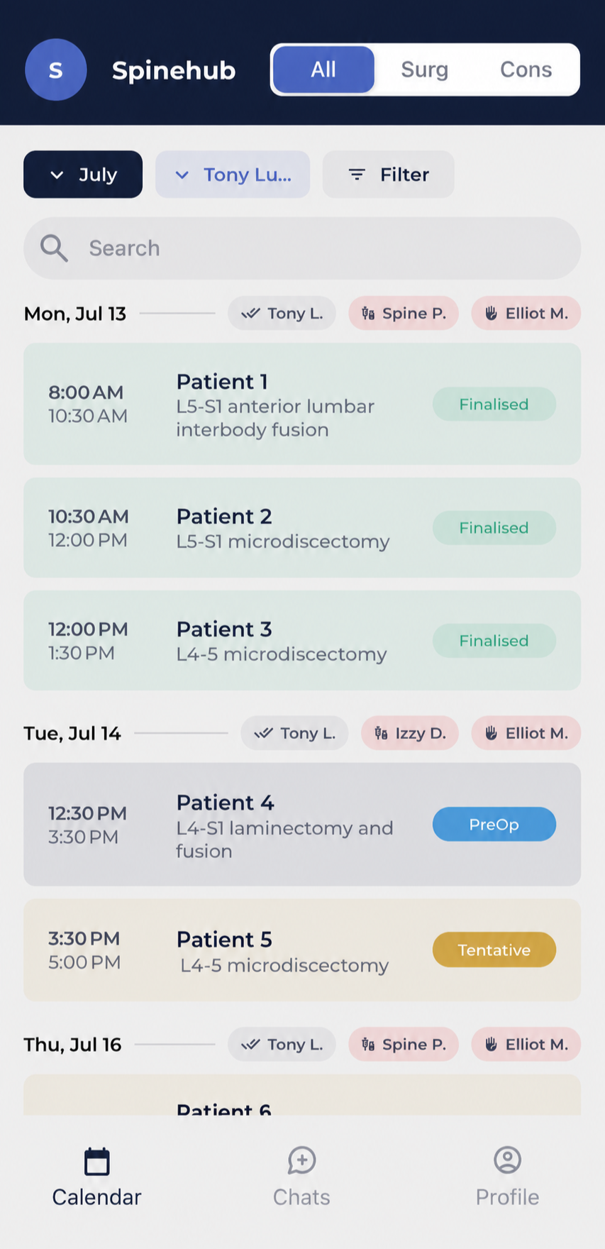 Surgical calendar on mobile