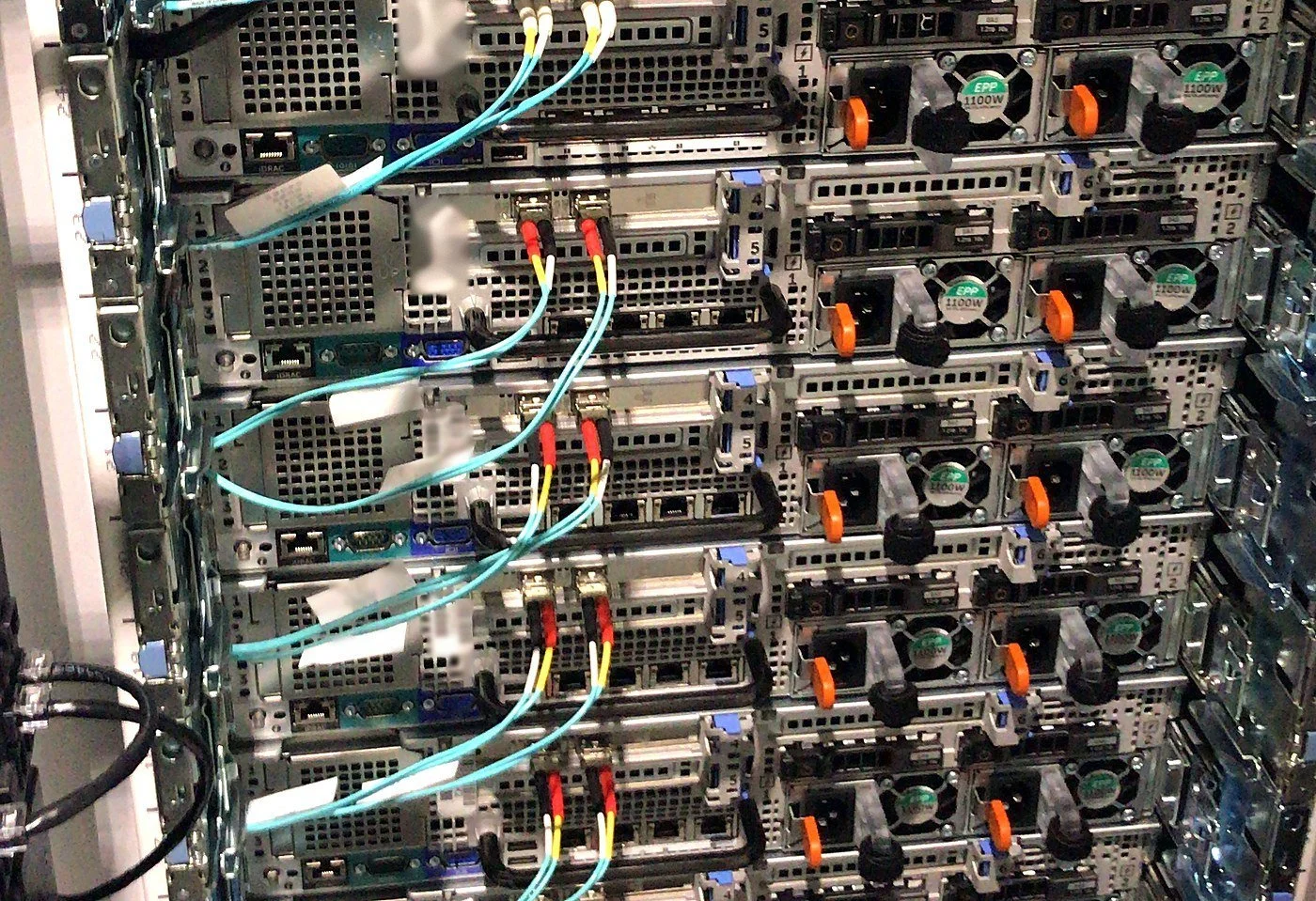 Labeled multimode fiber patched into servers in a data center rack