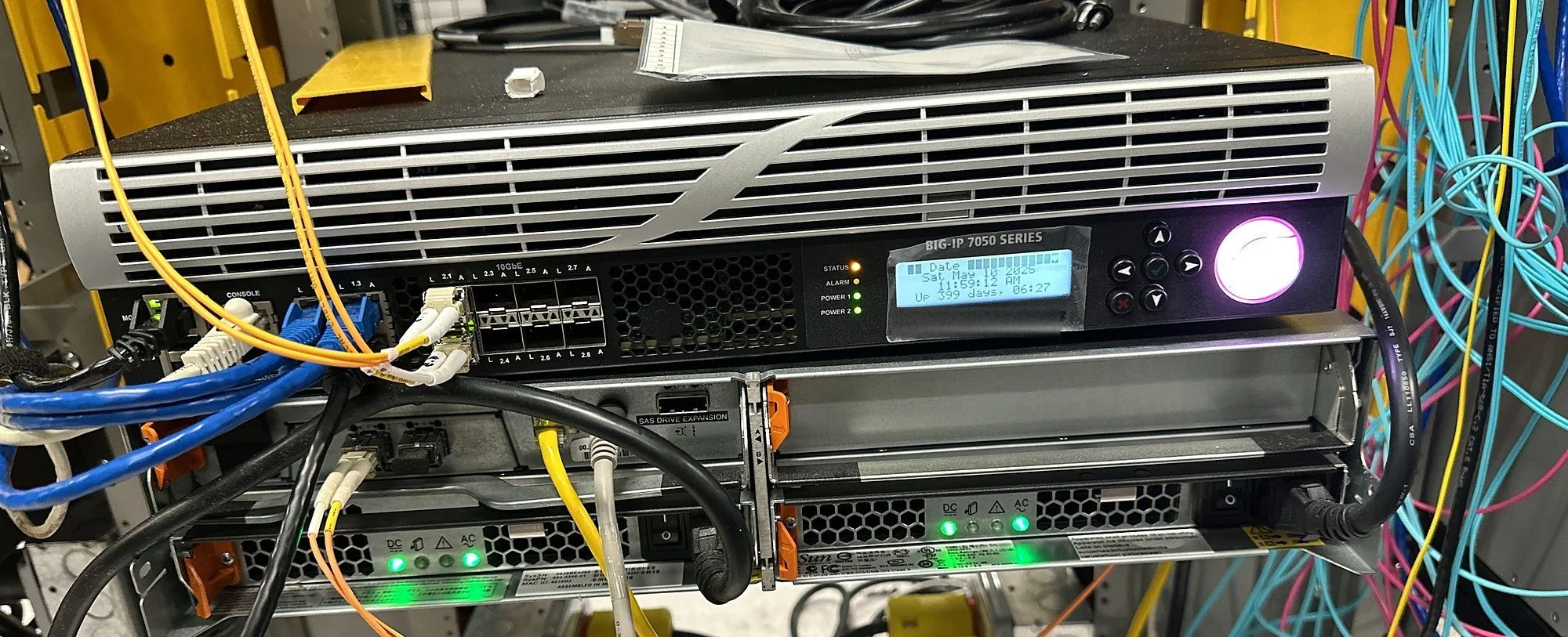 Network rack with appliances and dressed patch cabling