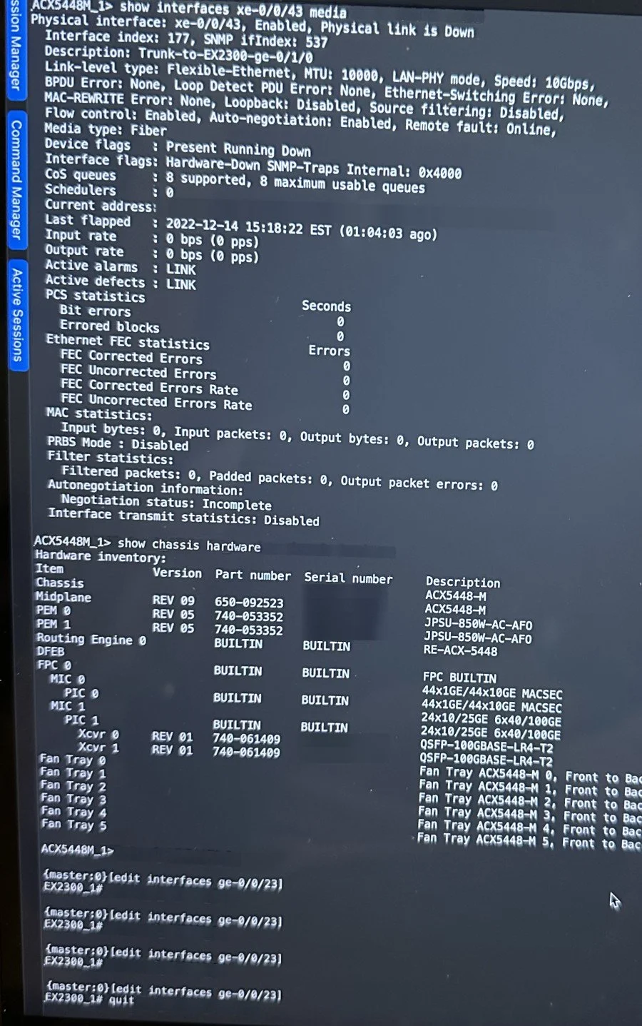Junos CLI on a Juniper ACX5448 showing a trunk interface to an EX2300 and chassis inventory