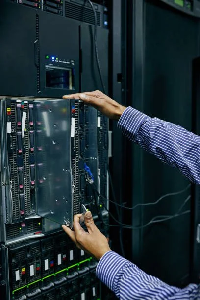 Smart hands IT services technician performing rack and stack deployment in New York City enterprise data center