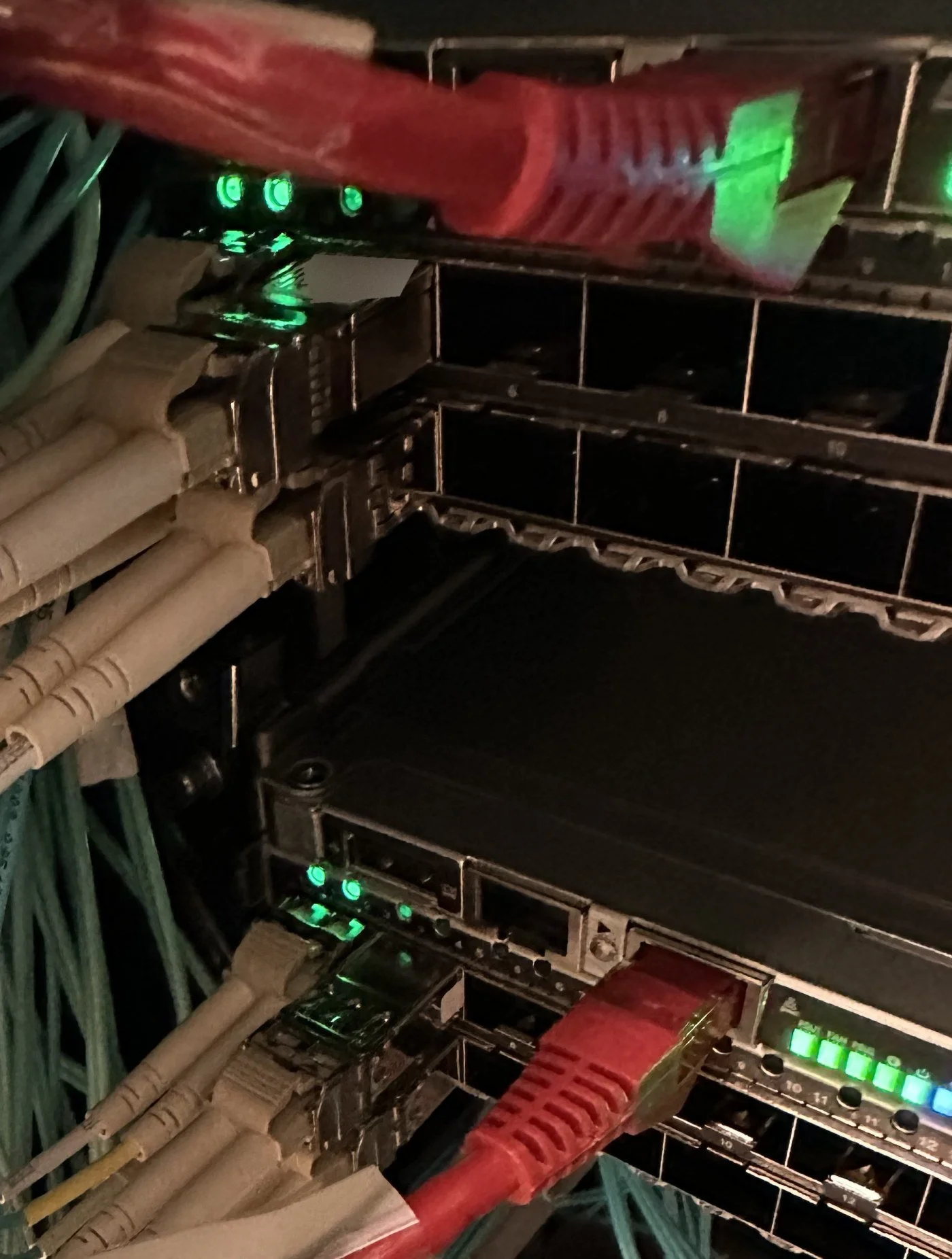 Multimode LC fiber landed in SAN switch optics in a dense Center City Philadelphia rack