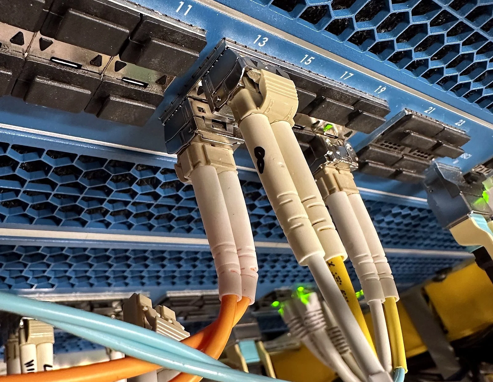 LC fiber connectors patched into a Palo Alto firewall