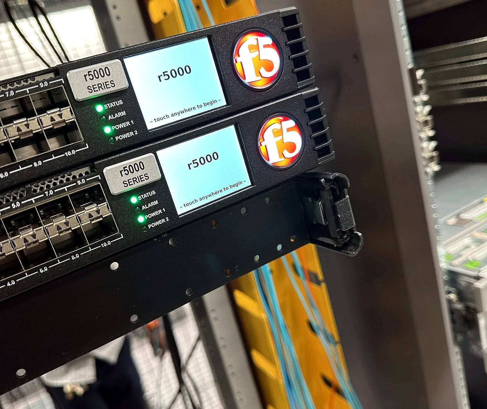 F5 load balancers with fiber connections in a rack