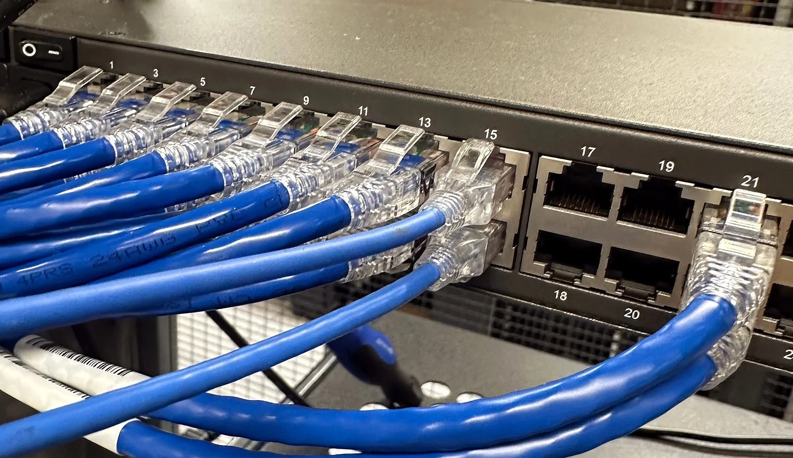 Blue Cat6 patch cables connected to an access switch