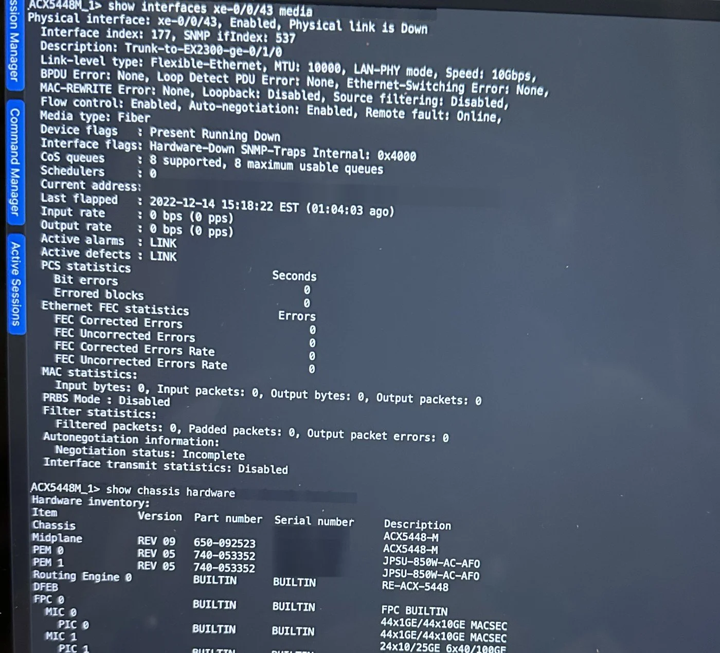 Junos CLI on a Juniper ACX5448 showing a trunk interface to an EX2300 and chassis inventory