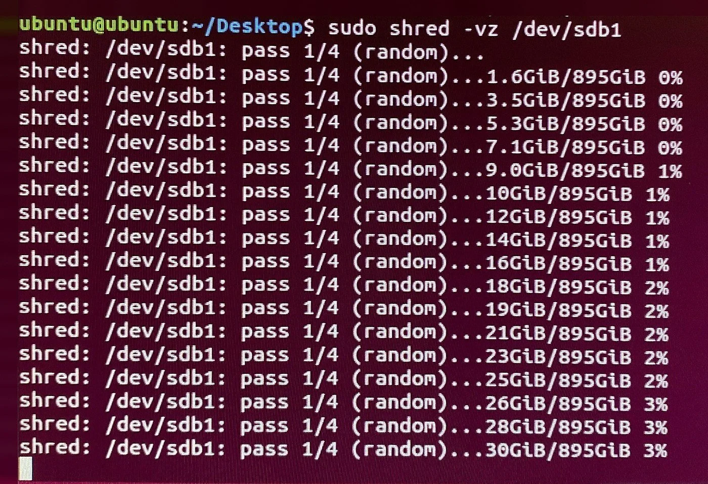 Multi-pass shred overwrite running on a server drive during a data center decommission
