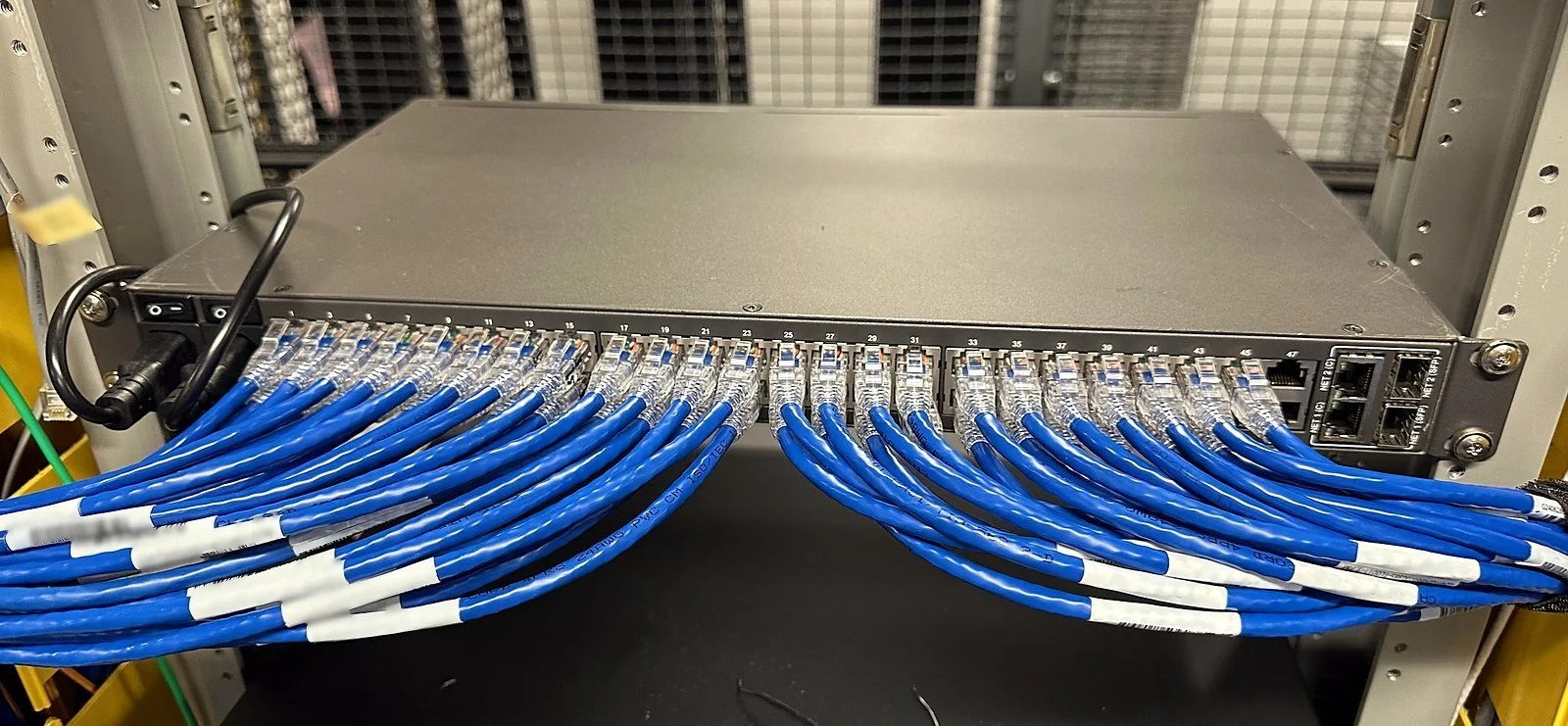 Fully patched access switch with labeled blue Cat6 cables