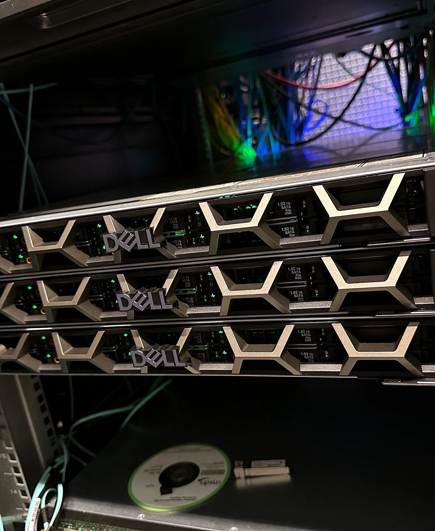 Dell servers racked with fiber uplinks during a server deployment