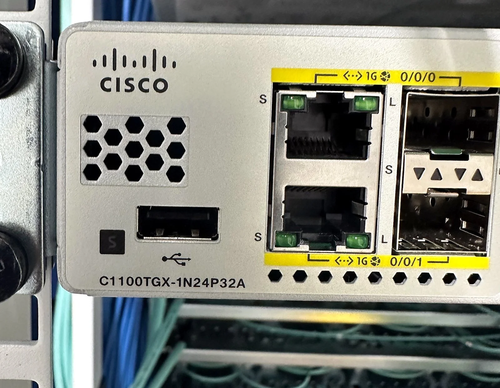 Cisco branch router installed in a network rack