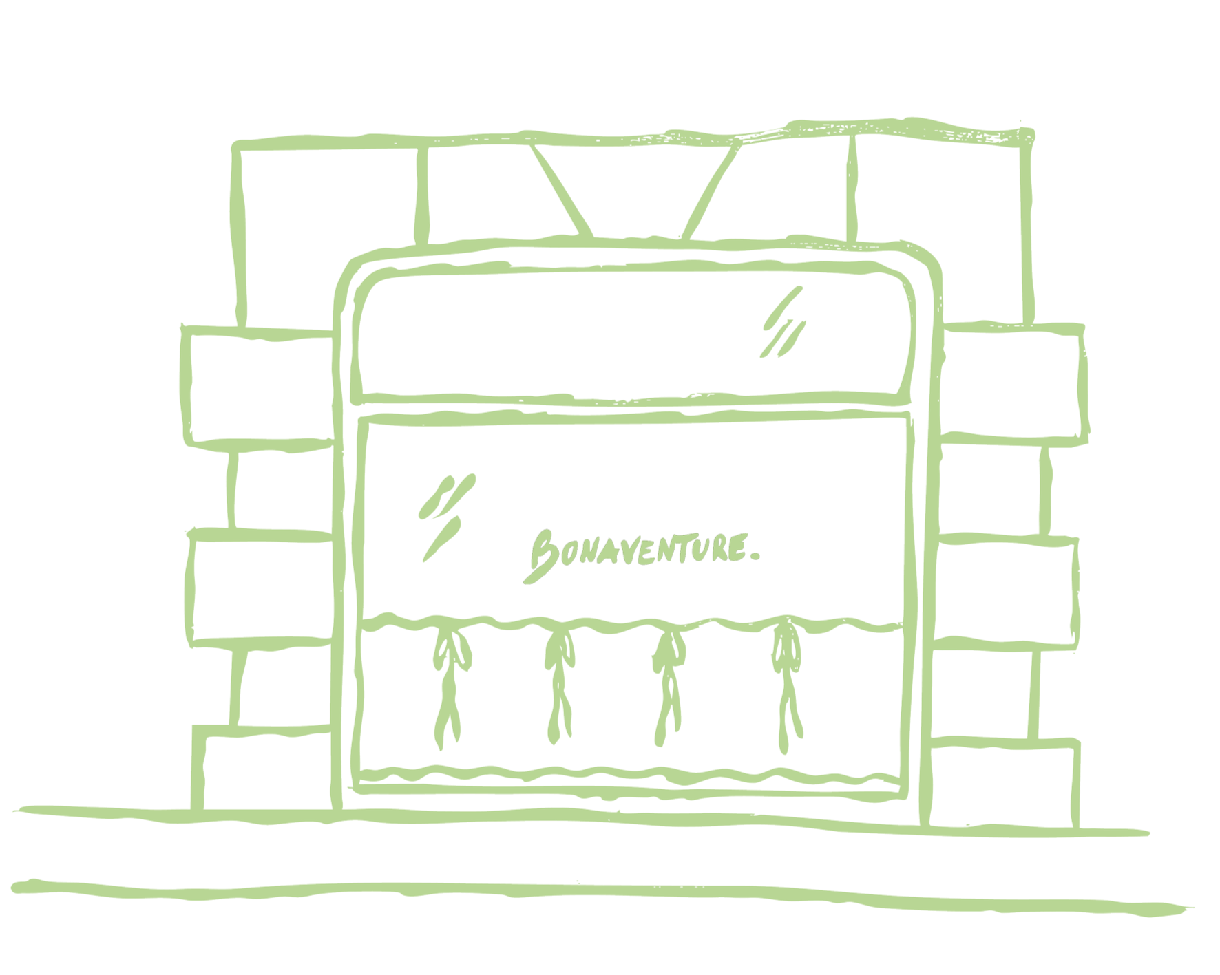 Illustratie van een huis met een grote ramen die een bordje met de tekst 'Bon Voyage' toont.