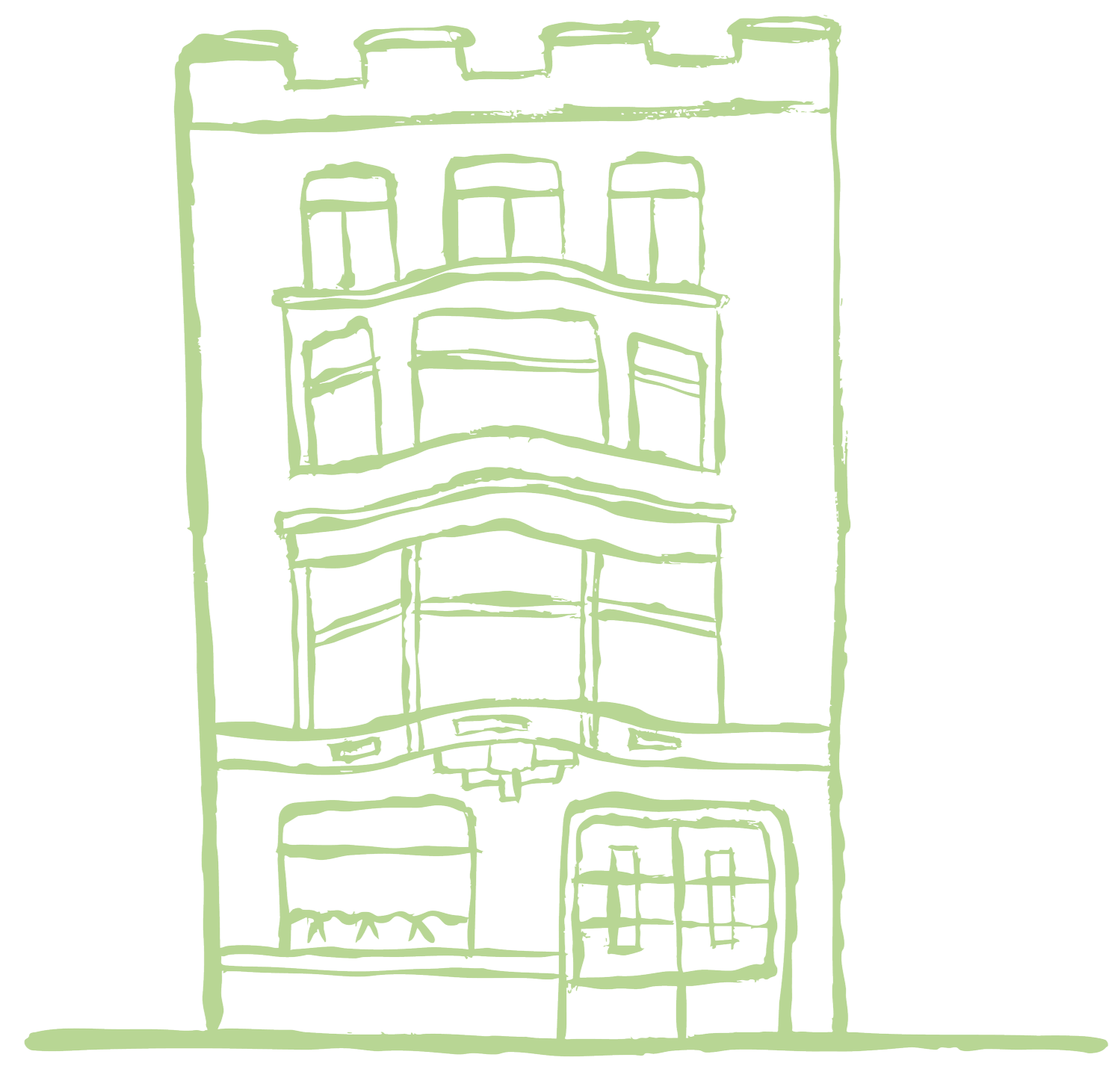 Tekening van een historisch gebouw met meerdere verdiepingen, balkons en grote ramen, in een minimalistische stijl met groene lijnen op een zwarte achtergrond.