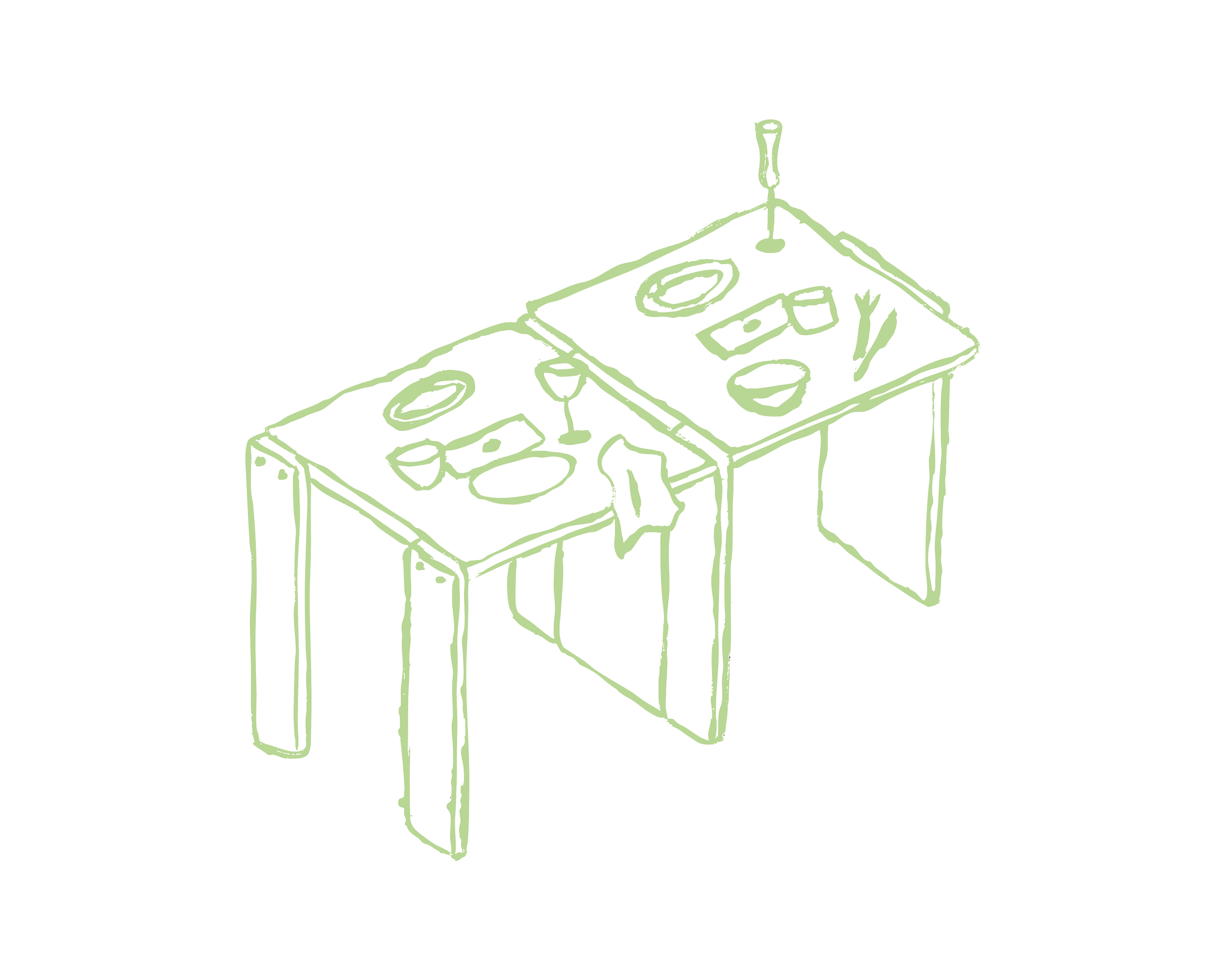 Schets van een keukentafel met borden, glazen, bestek en een zoutvaatje