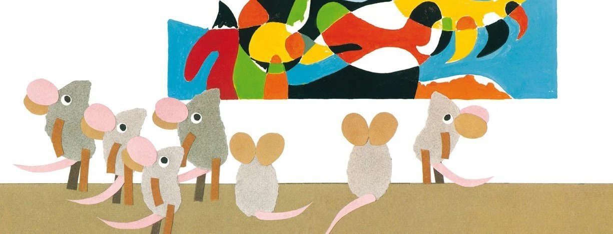 Disegno astratto con topi in primo piano e un dipinto colorato sullo sfondo.