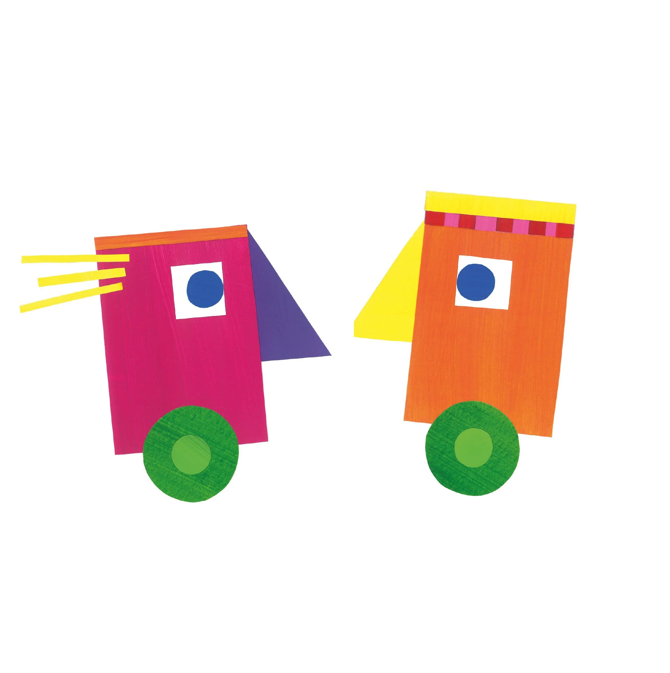 Due figure di carta colorata raffiguranti animali, ciascuna con un cerchio verde come corpo, testa quadrata con un cerchio blu come occhio, una forma triangolare come becco e una linea rettilinea come ciuffo di capelli.