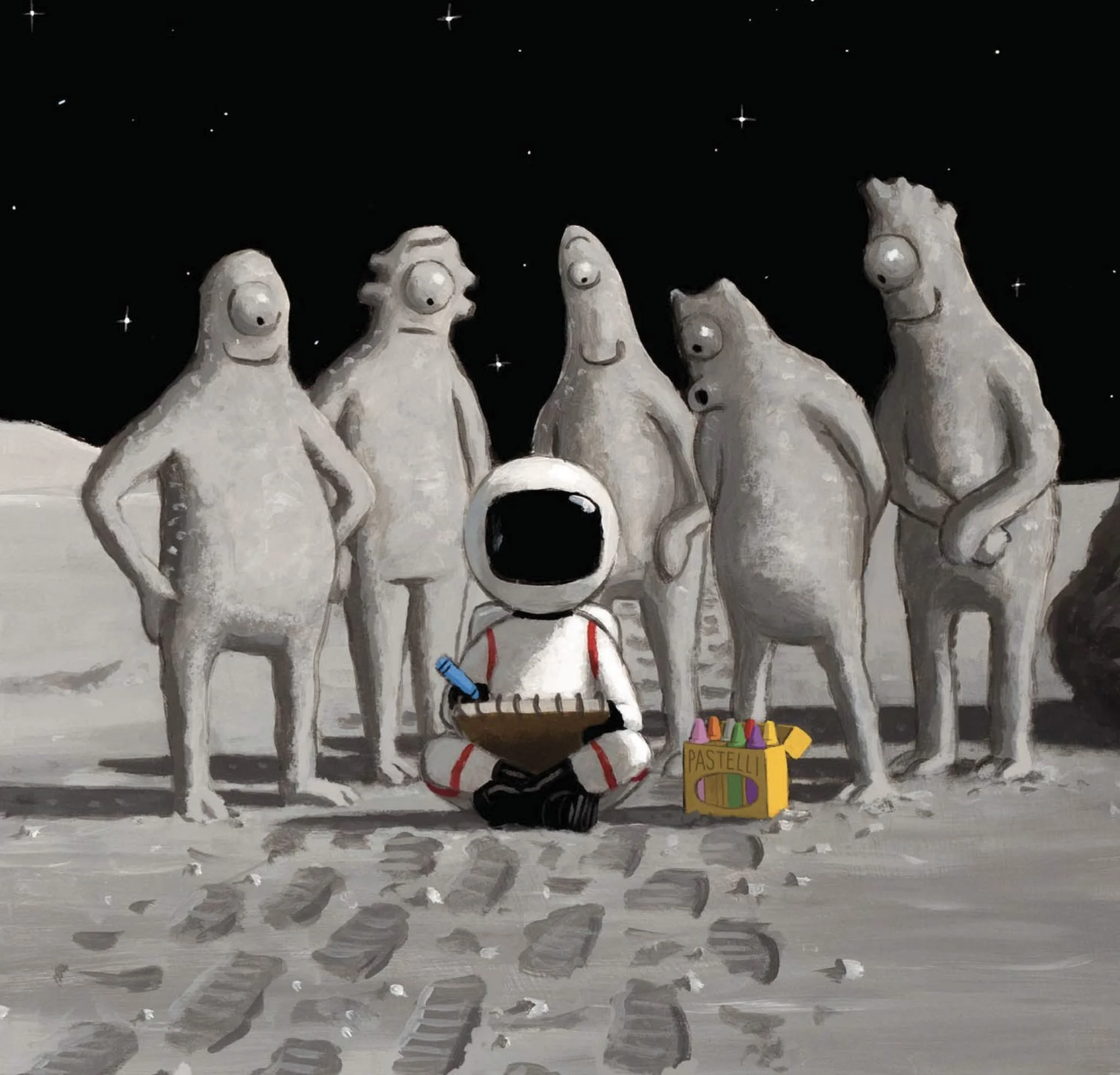 Un astronauta disegna dei giovani alieni su un'altra luna o pianeta, con il cielo stellato sullo sfondo.