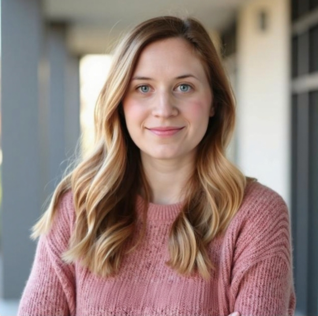 Una donna con capelli biondi ondulati, indossa un maglione rosa, sorride e guarda l'obiettivo in un ambiente luminoso e moderno.