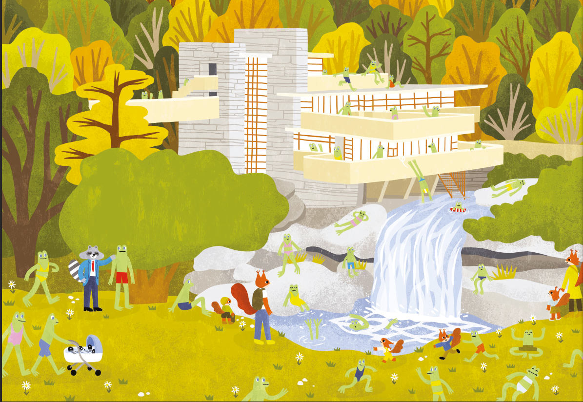 Un complesso residenziale con case moderne circondate da una foresta autunnale, un fiume con cascate e molte creature antropomorfe come uccelli, rettili, mammiferi e altri animali che socializzano e si divertono nel parco.