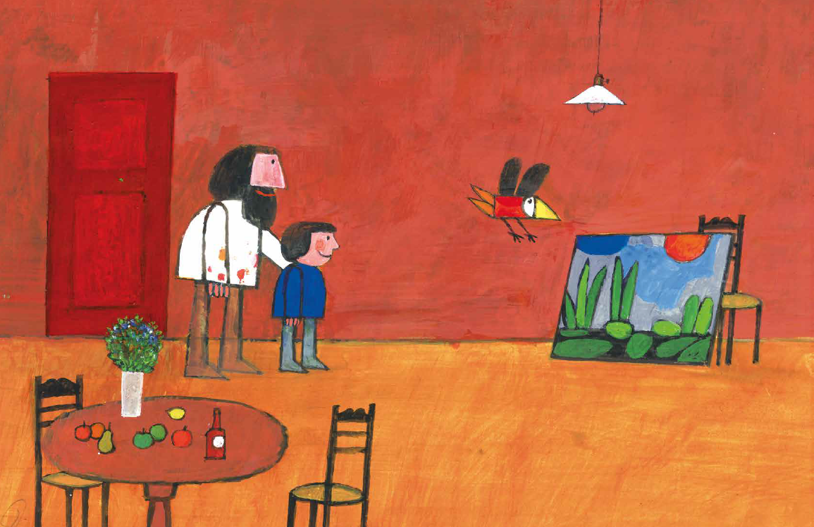 Dipinto che raffigura un uomo, un bambino, una sedia con una sedia vuota, un tavolo con un vaso di fiori e alcuni frutti e una bottiglia, e un quadro appoggiato a terra con un paesaggio, in una stanza con pareti rosse.